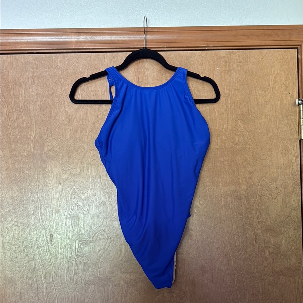 Kona Sol Blue Bodysuit One Piece Swimsuit High Neck Halter